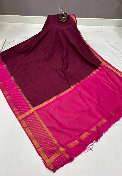 Raw Silk Saree-Maroon With Contrast Border
