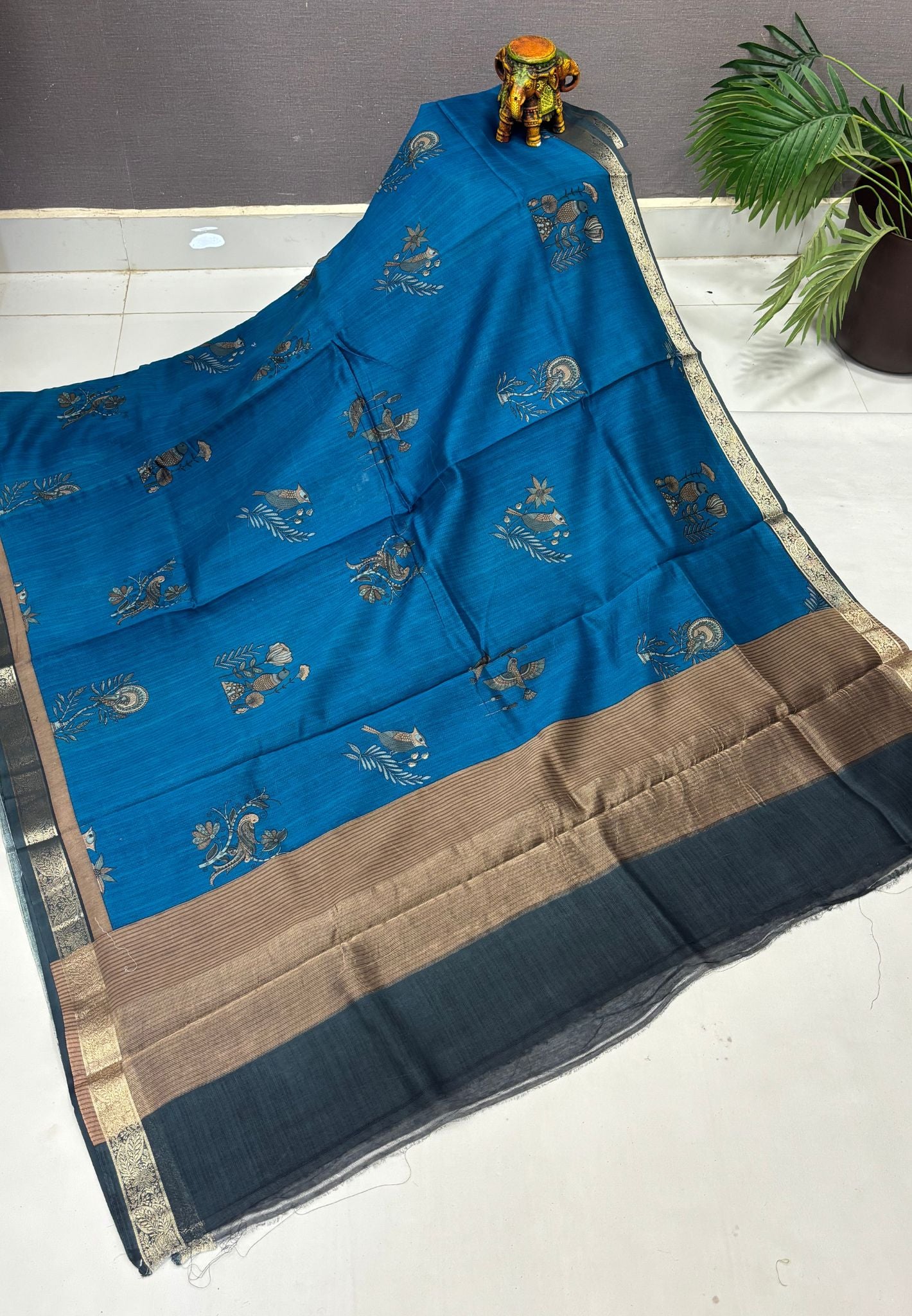 Chanderi Saree-Blue in Traditional Bird Motif Border