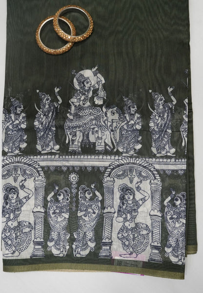 Chanderi Saree - Sage Green with penn kalamkari print