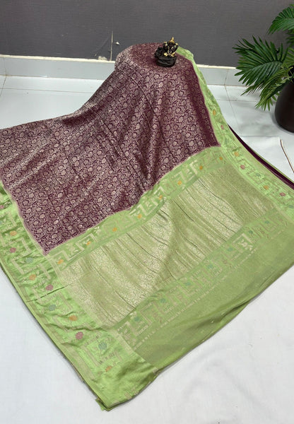 Banarasi Brocade Silk Saree-Wine with Contrast Border