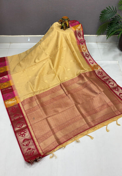 Raw Silk Saree-Sandel In Floral Medallion Brocade Border
