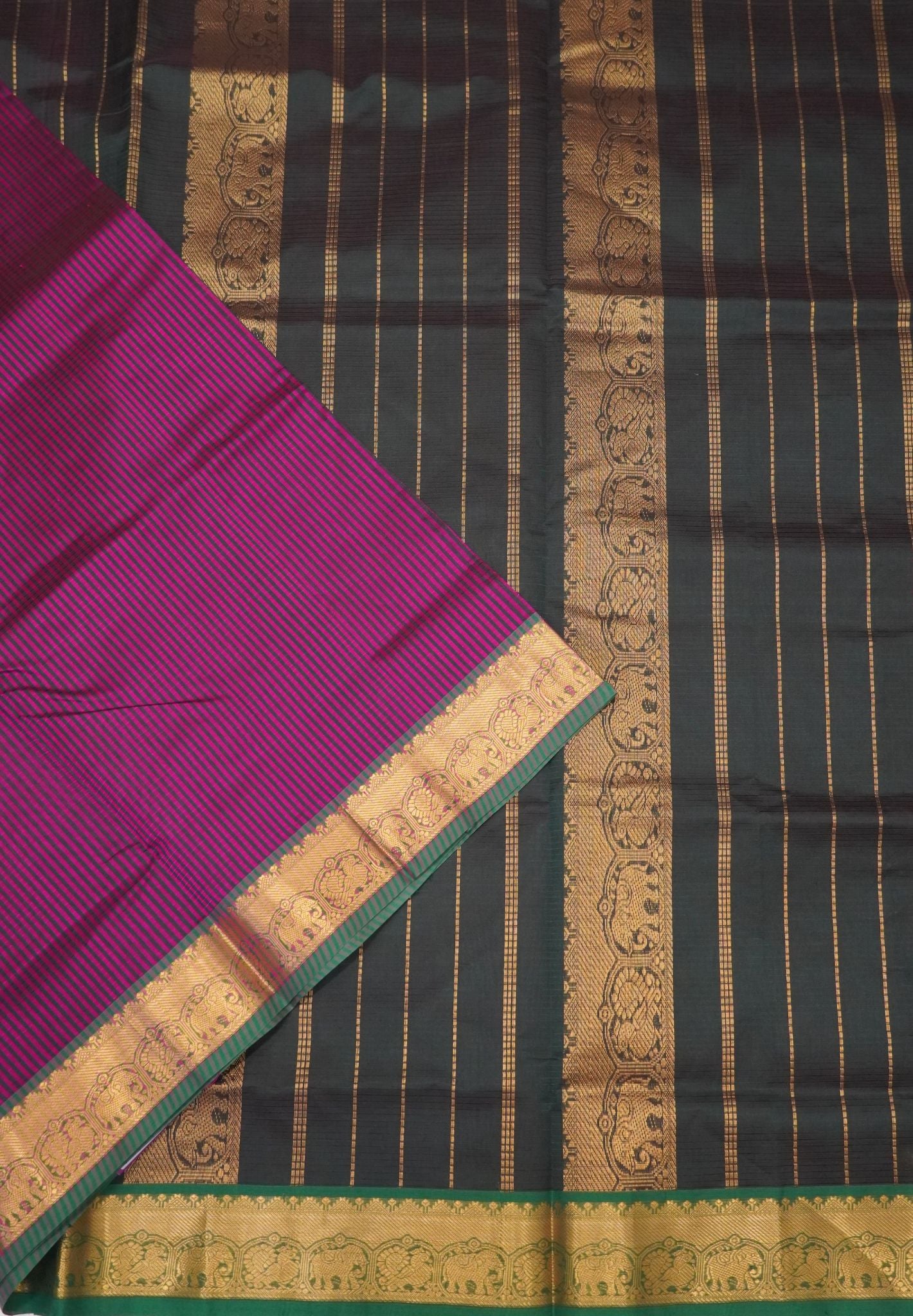Pure Silk Cotton Saree-Magenta Stripes with Zari Woven Border