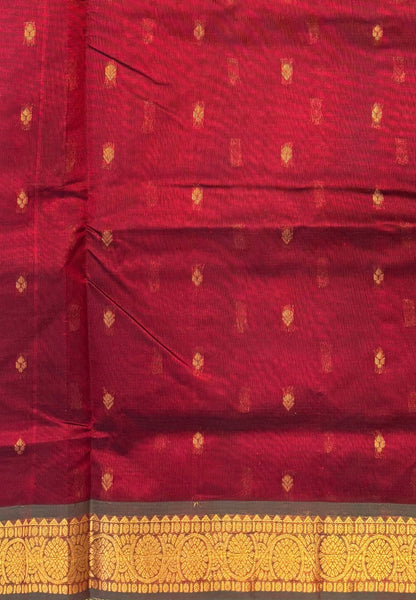 Silk Cotton Saree–Chilli Red-Green in Mini Buttas with Contrast Border