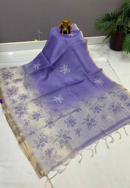 Organza Saree-Violet with Floral Aplique Work