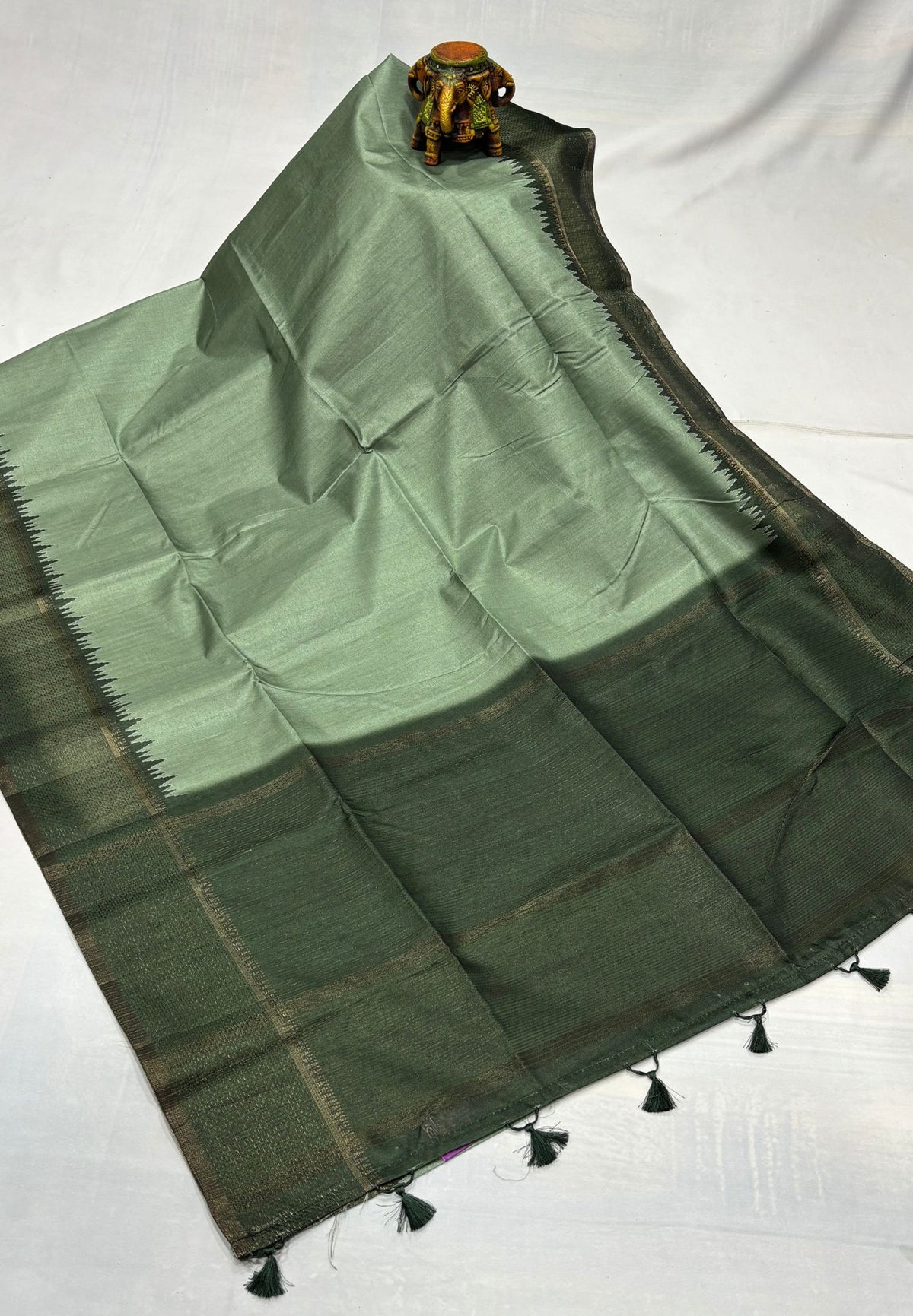 Semi Tussar Saree-Metalic Green with Antique Zari Border
