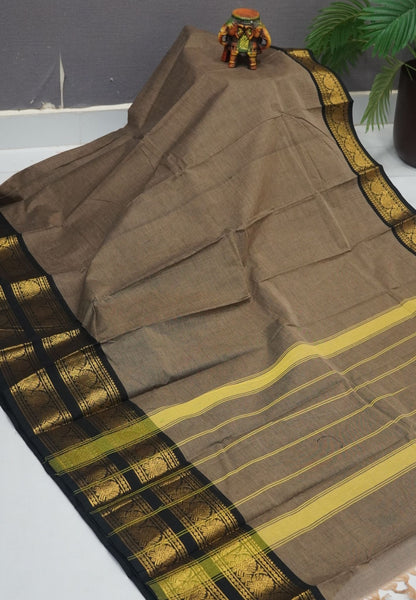 Chettinadu Cotton Saree-Bronze Beige with Floral Zari Border