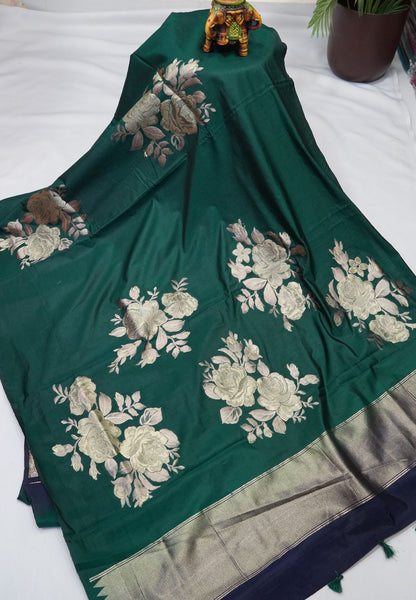 Semi Tussar Saree with Rose Floral Zari Weaving-Dark Green