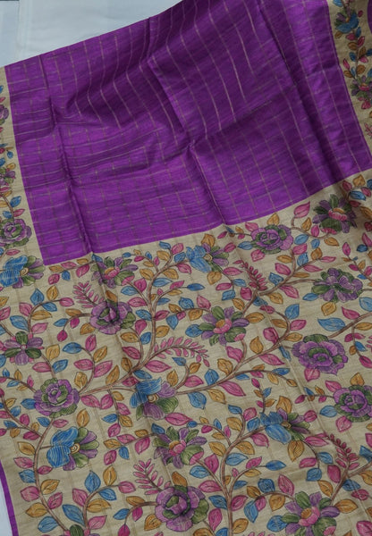 Semi Tussar Saree-Dark Purple