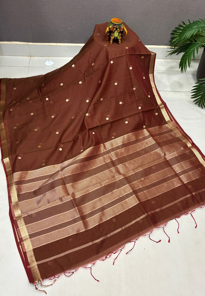 Semi Maheswari Saree-Brown In Multi-Stripe Zari Border