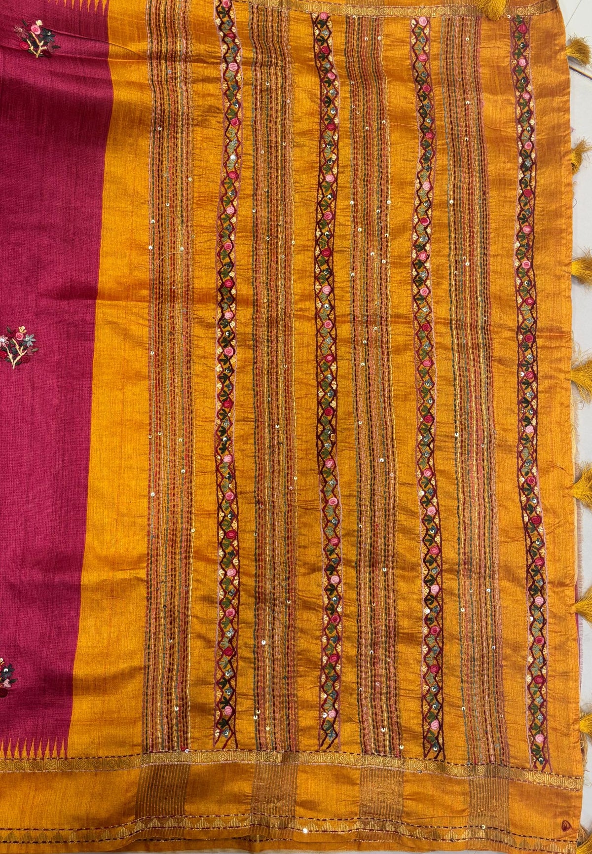Jute Tussar Saree-Rani Pink with Embriodery Floral Motif