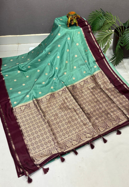 Gaji Silk Saree-Sea Green in Butta Retpet Zari with Contrast Border