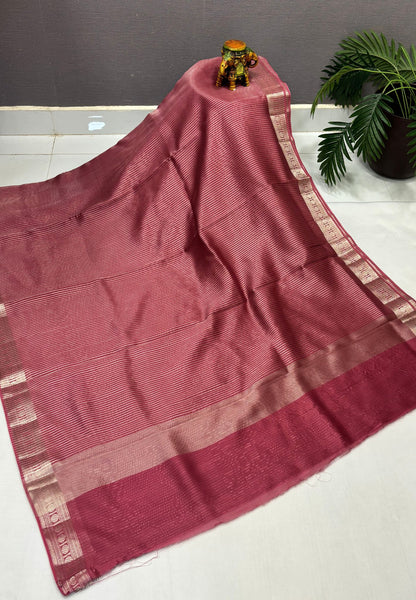 Chanderi Saree-Pastel Pink in Fine Stripe Zari Border