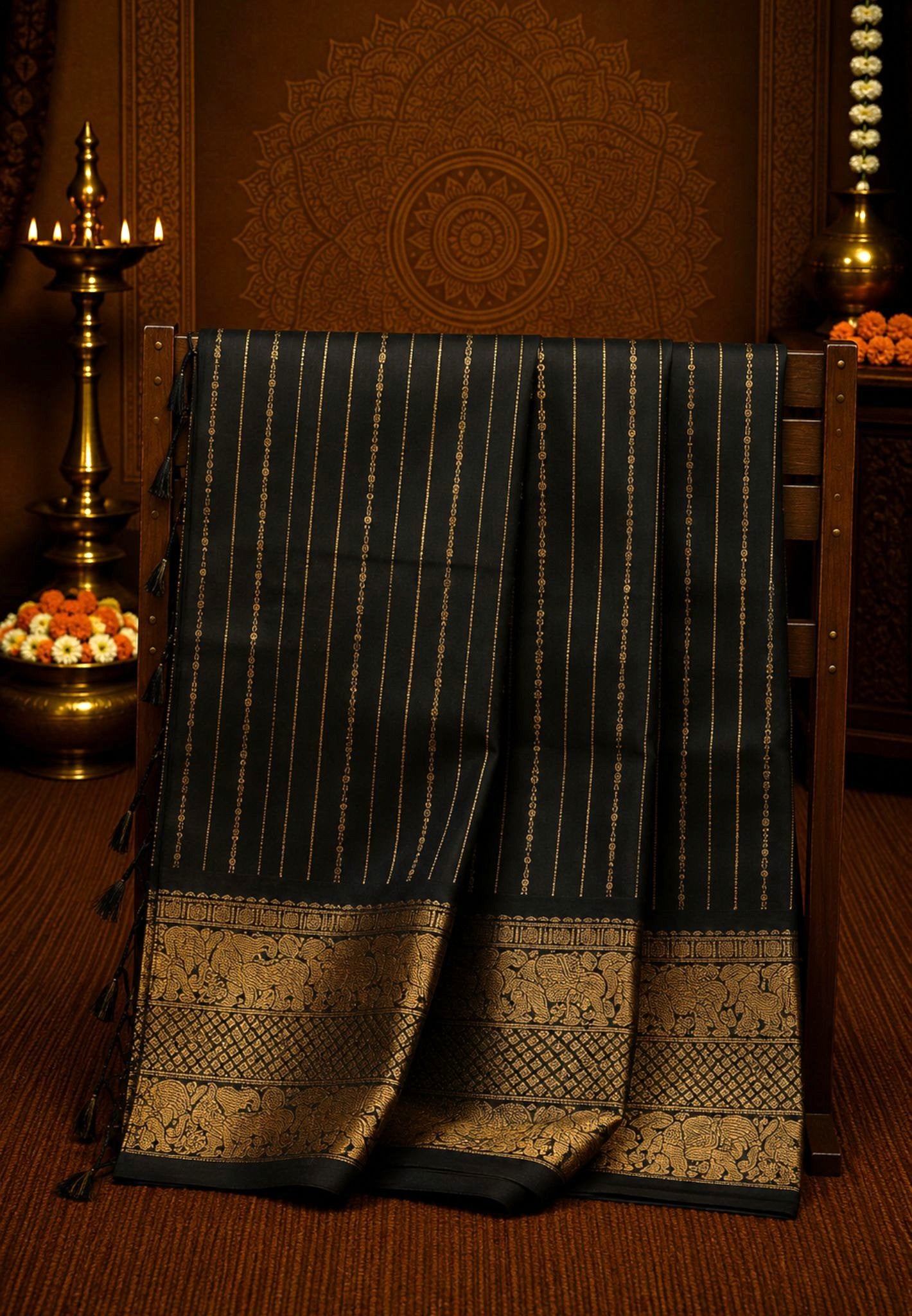 Chettinad Cotton Saree-Black With Elephant & Geometric Zari Border