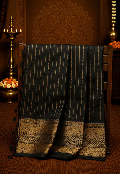 Chettinad Cotton Saree-Black With Elephant & Geometric Zari Border