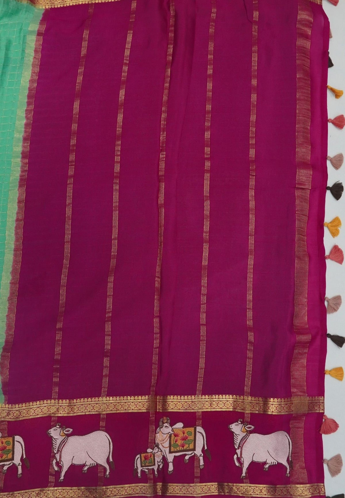 Pure Mysore Silk Saree-Seafoam Green In Pichwai Embroidery With Contrast Border