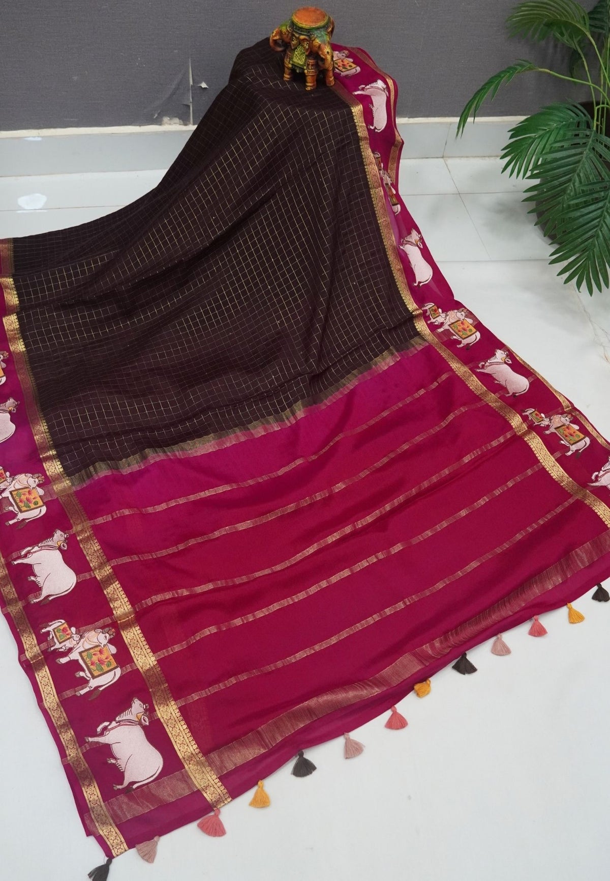 Pure Mysore Silk Saree-Brown In Pichwai Embroidery With Contrast Border