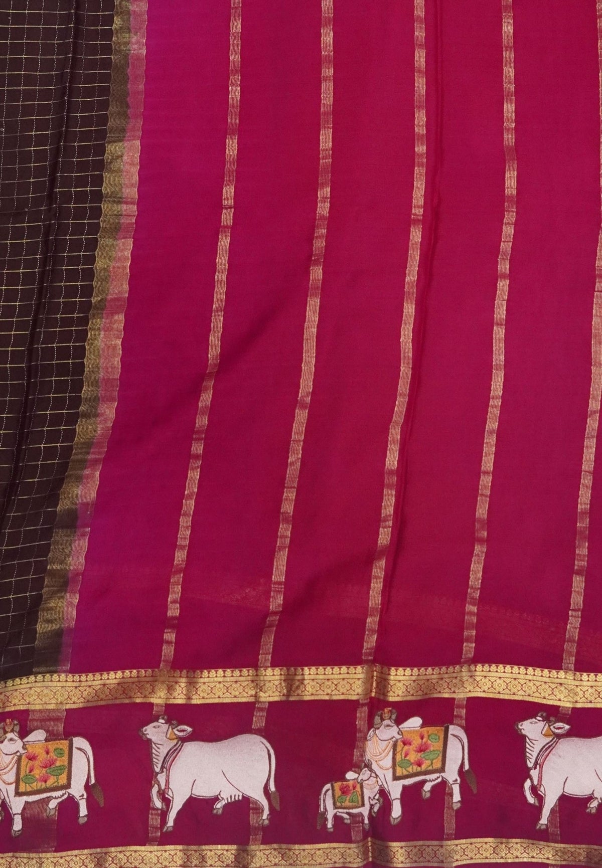 Pure Mysore Silk Saree-Brown In Pichwai Embroidery With Contrast Border