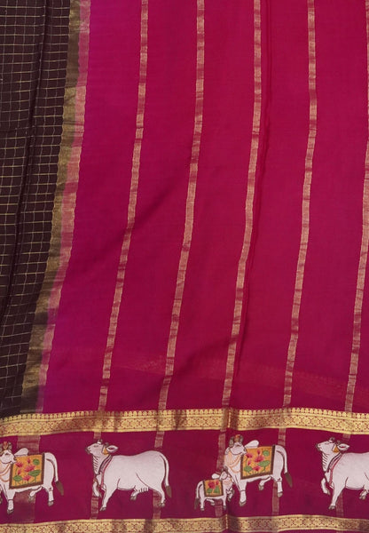 Pure Mysore Silk Saree-Brown In Pichwai Embroidery With Contrast Border