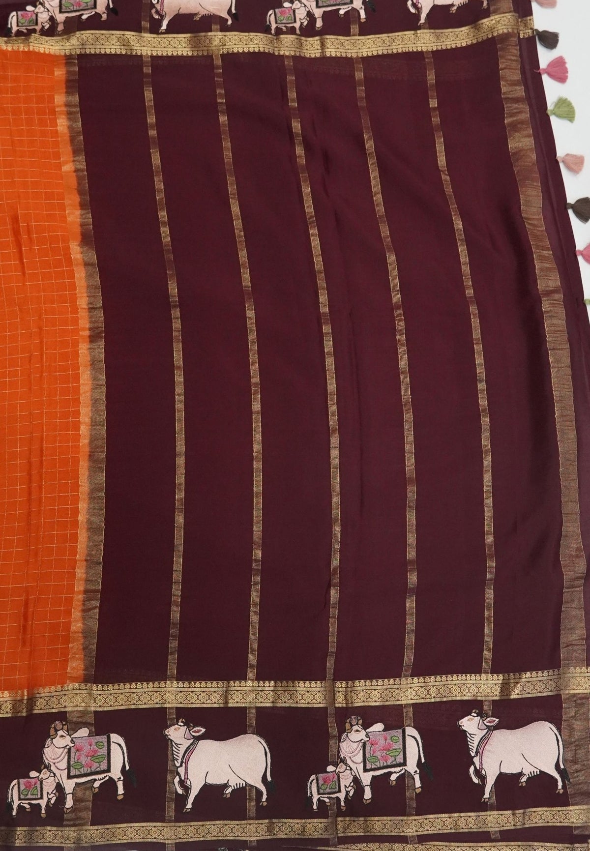 Pure Mysore Silk Saree-Rust Orange In Pichwai Embroidery With Contrast Border