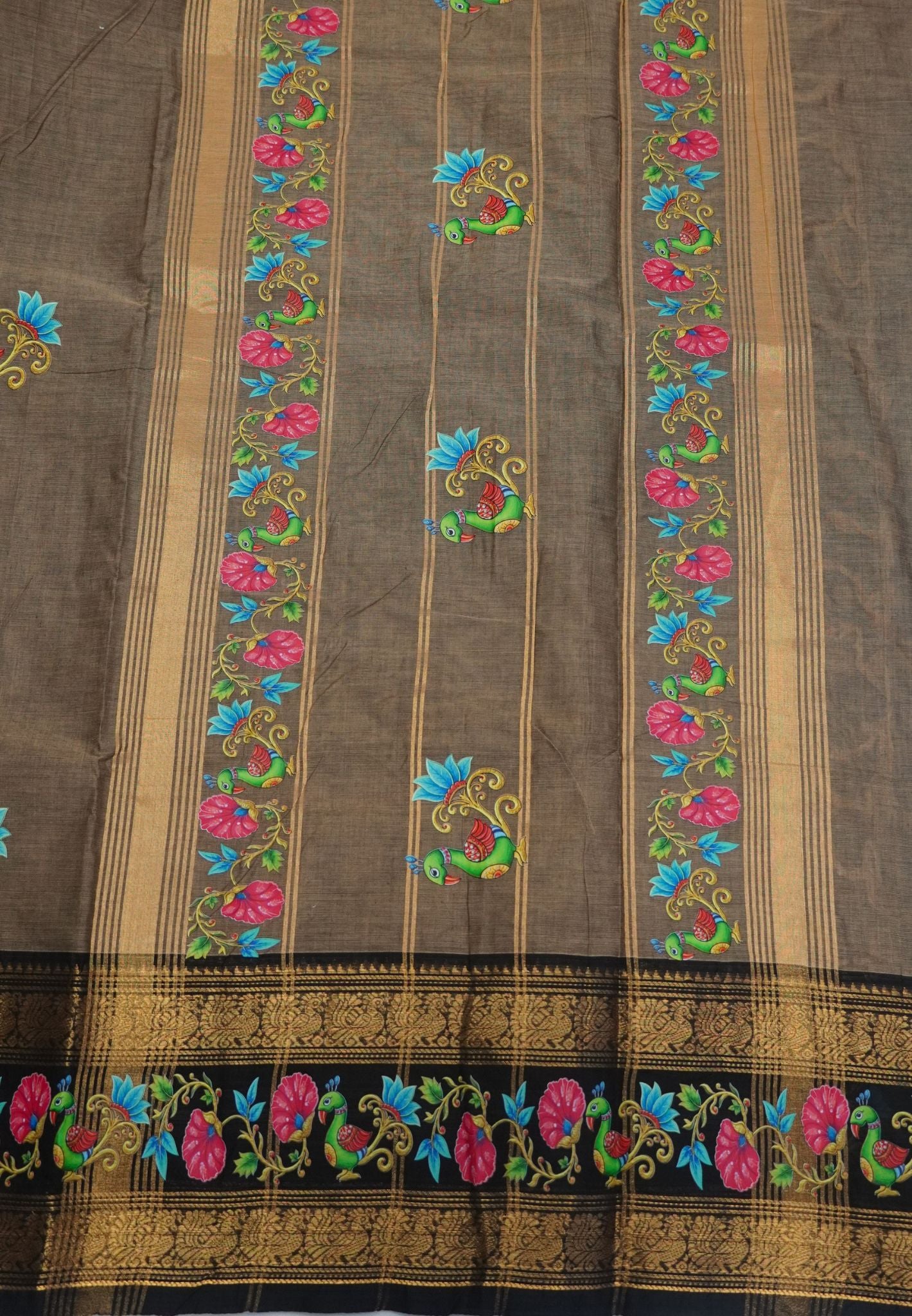 Chettinad Cotton Saree- Beige with Mayil Tanjore Print