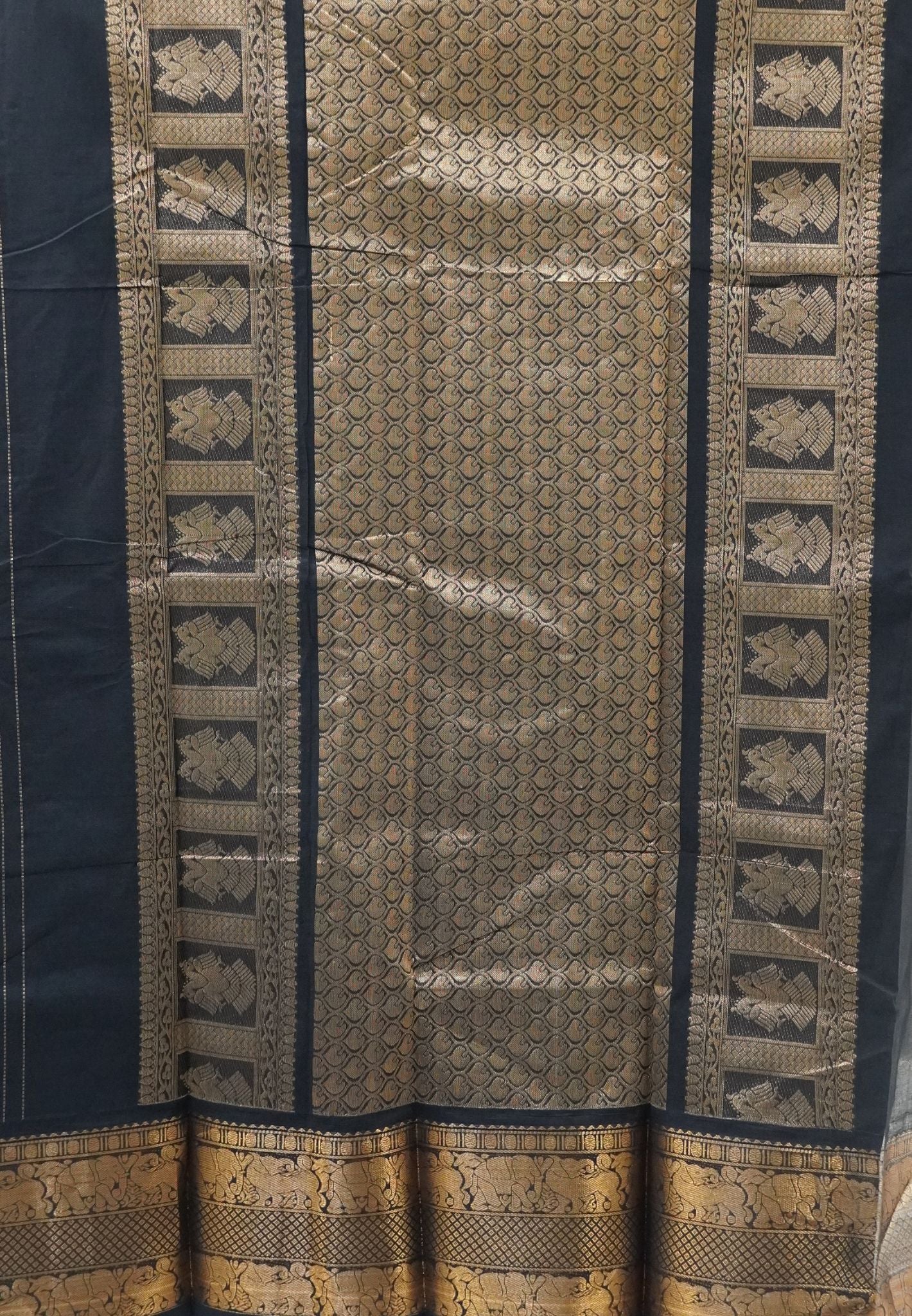 Chettinad Cotton Saree-Black With Elephant & Geometric Zari Border