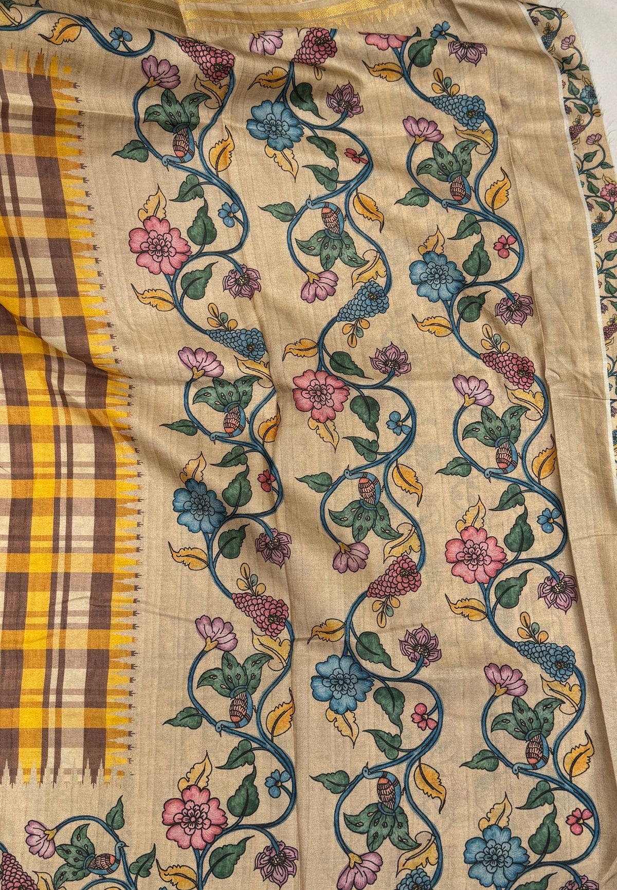 Semi Tussar Saree - Brown Madras Checks With Floral Designs