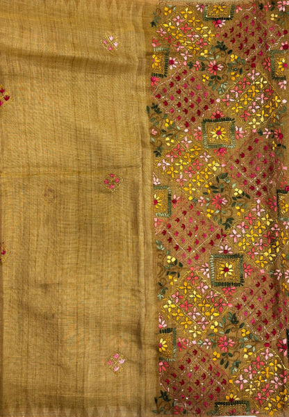 Tissue Linen Saree-Mustard in Phulkari Embroidery Border
