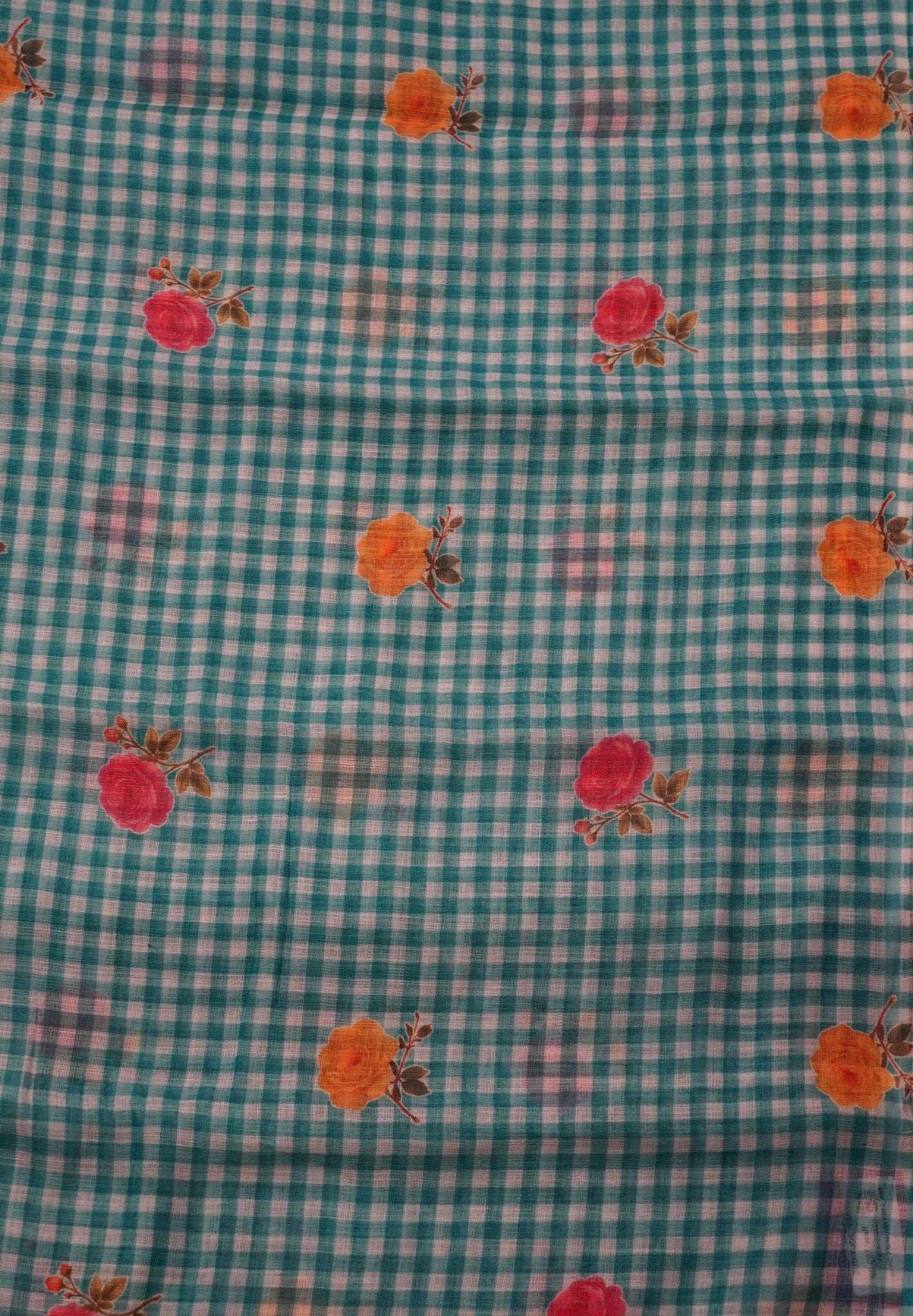 Linen Saree - Checks Sea Green