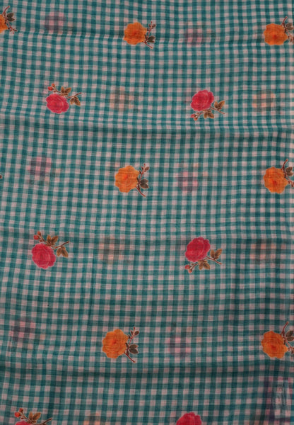Linen Saree - Checks Sea Green
