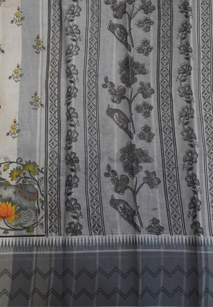 Pure Cotton Saree-Cream with Grey in Pichwai Pattern