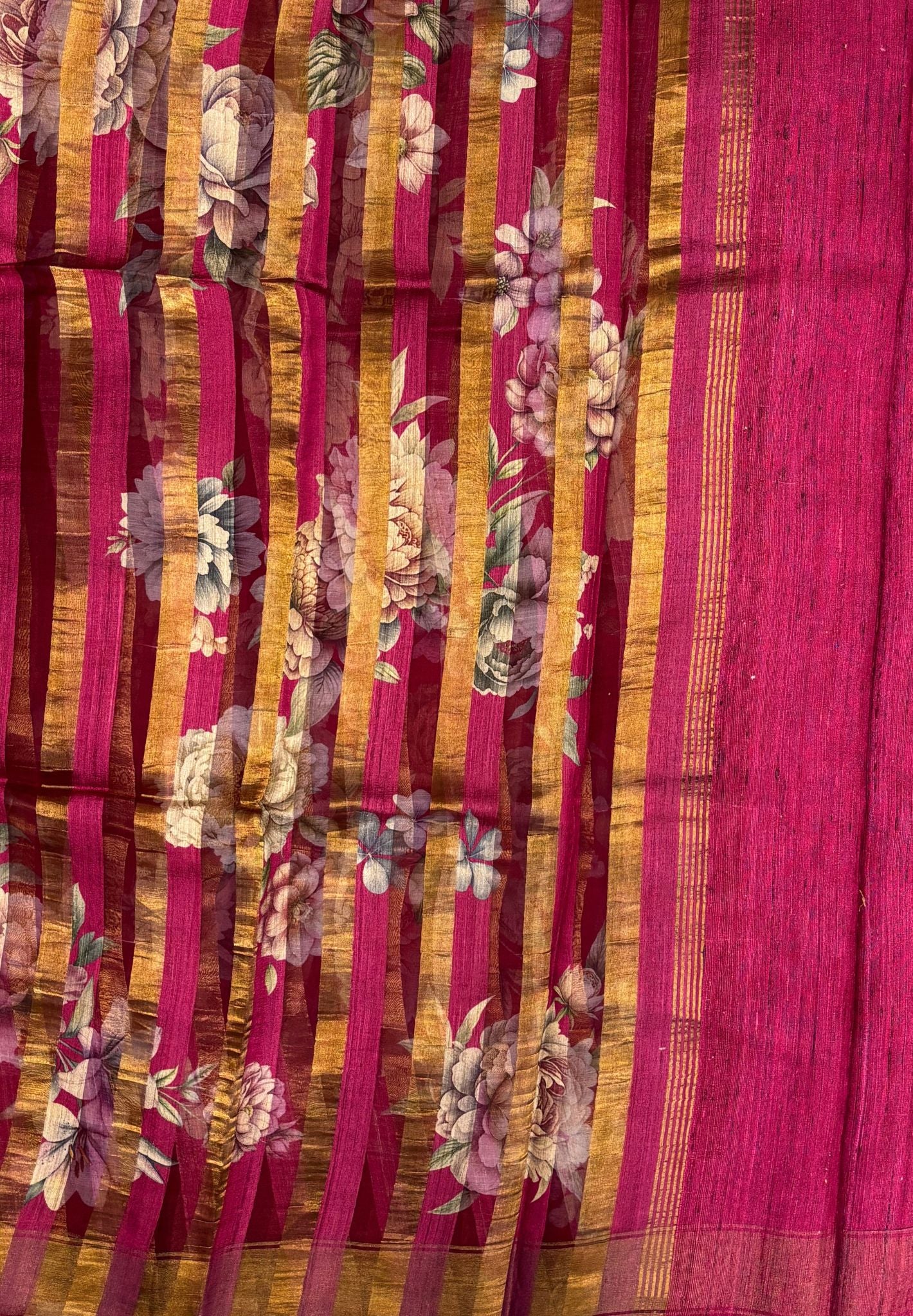 Pure Organza Tussar Saree-Wine In Striped Zari Border