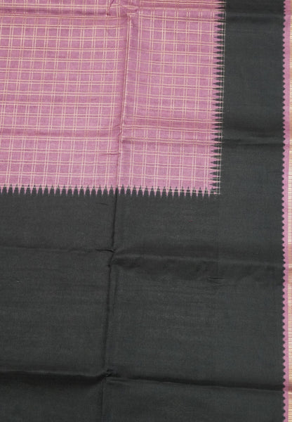 Semi Matka Tussar Saree-Muted Wine with Contrast Border and Zari Checks