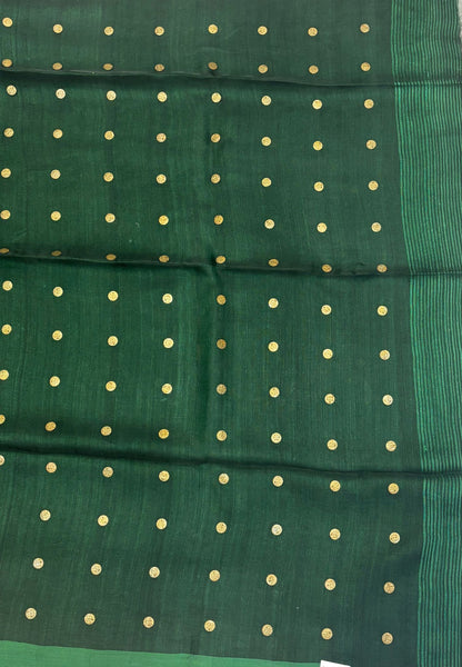 Pure Moonga Cotton Saree-Bottle Green in Coin Butta with Striped Border
