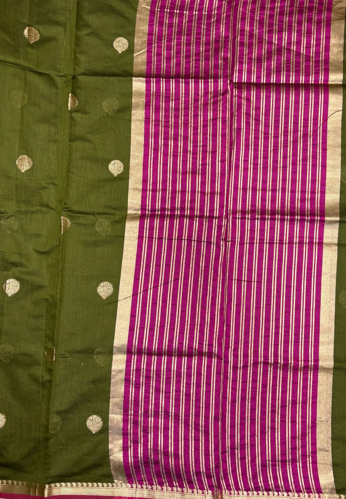 Semi Maheswari Saree-Olive Green In Golden Stripe Border
