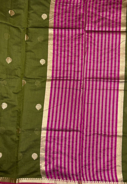 Semi Maheswari Saree-Olive Green In Golden Stripe Border