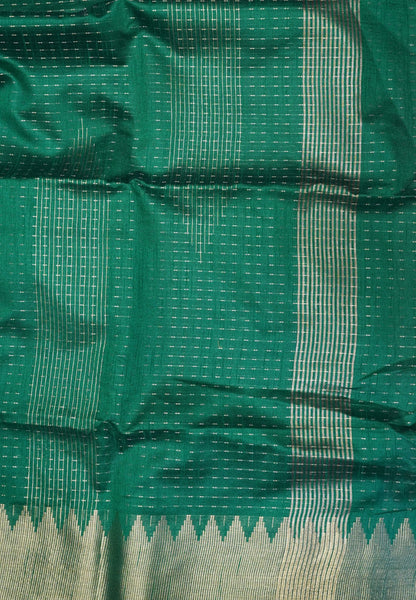 Semi Raw Silk Saree-Dark Green in Checked Zari