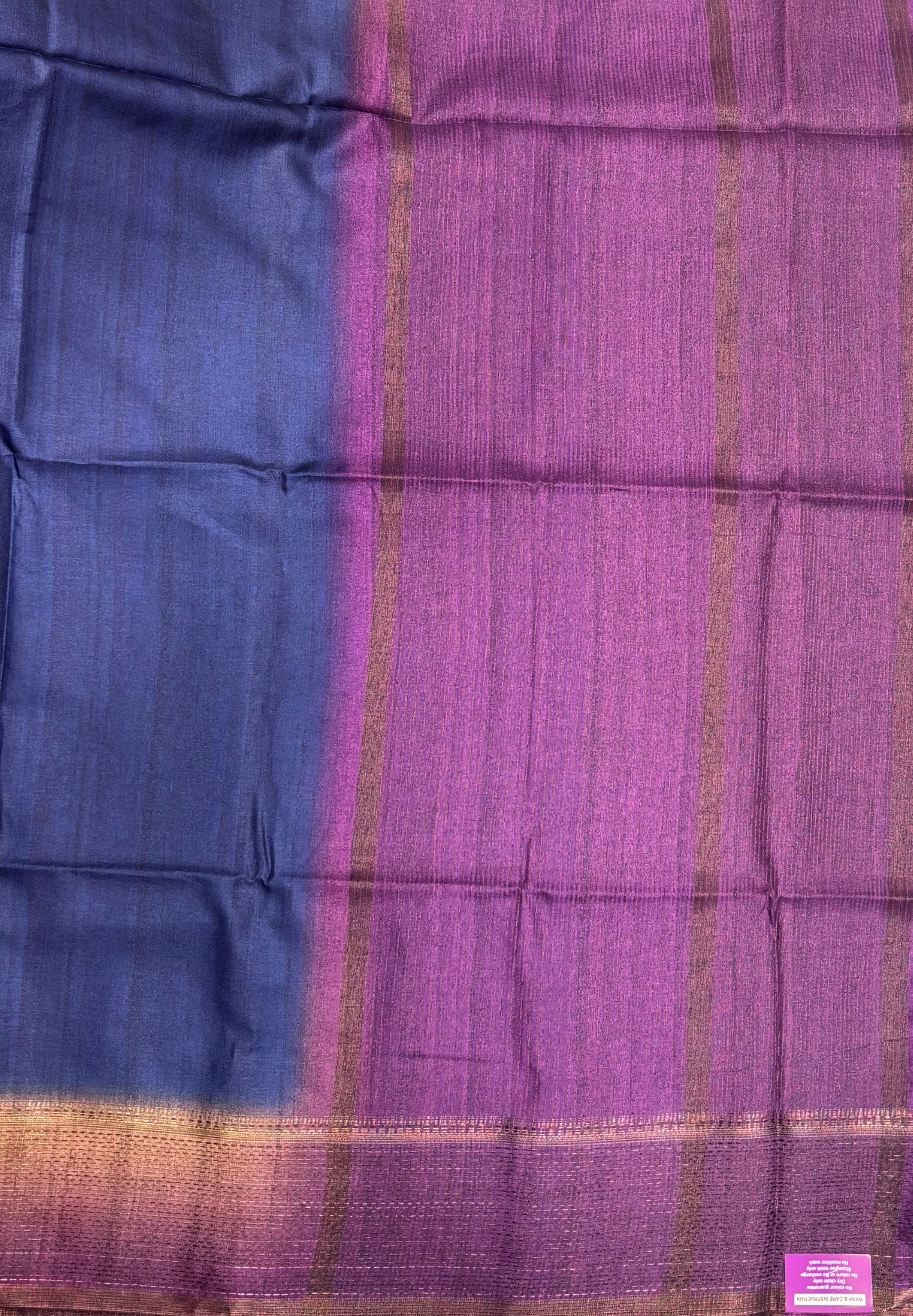 Matka Tussar Saree-Blue in Classic Striped Zari with Contrast Border