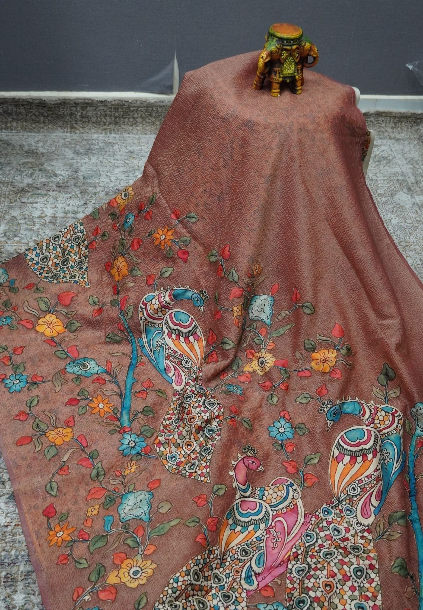 Crush Tissue Saree – Brown Peacock Print