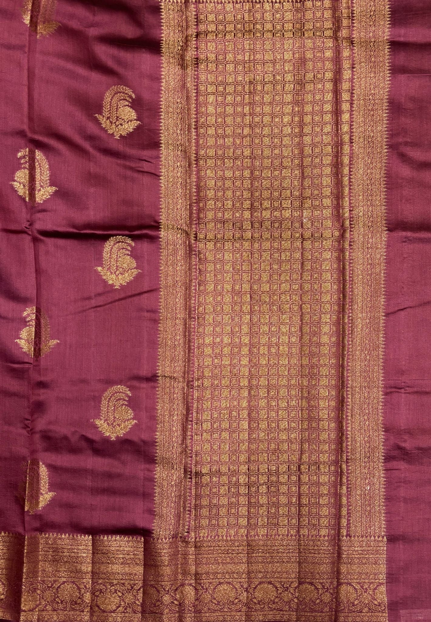 Pure Chinya Silk Saree-Dry Leaf Green In Antique Jaali Brocade Border