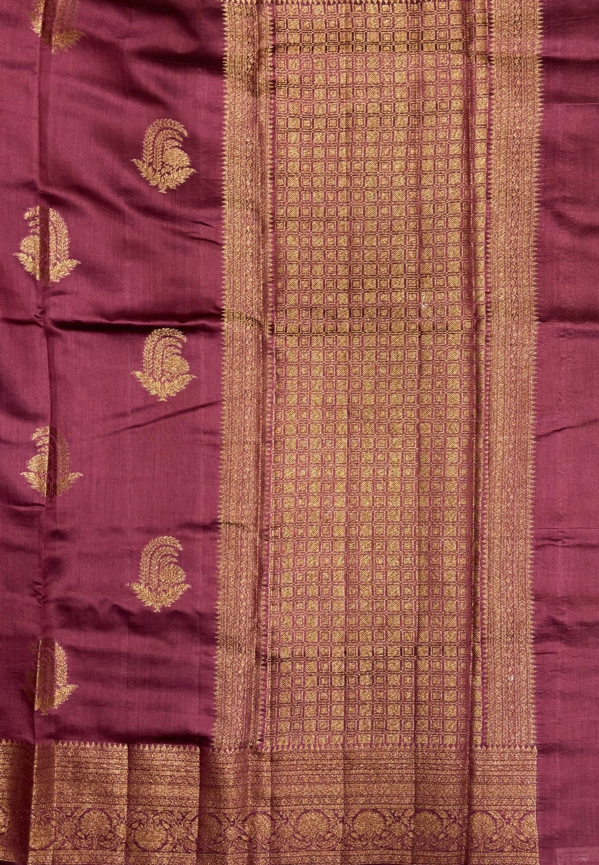 Pure Chinya Silk Saree-Dry Leaf Green In Antique Jaali Brocade Border