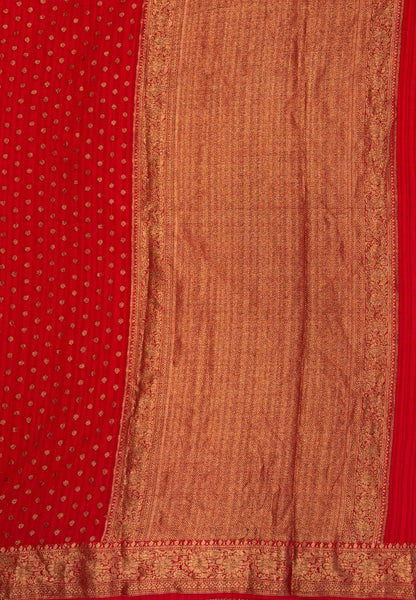 Banarasi Georgette Saree-Red with Mini Leaf Butta and Zari Border