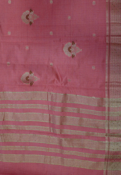 Semi Tussar Saree-Peach Pink with Floral Zari Motif