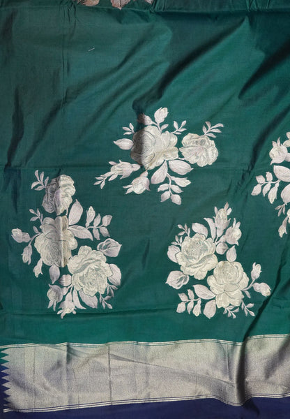 Semi Tussar Saree with Rose Floral Zari Weaving-Dark Green