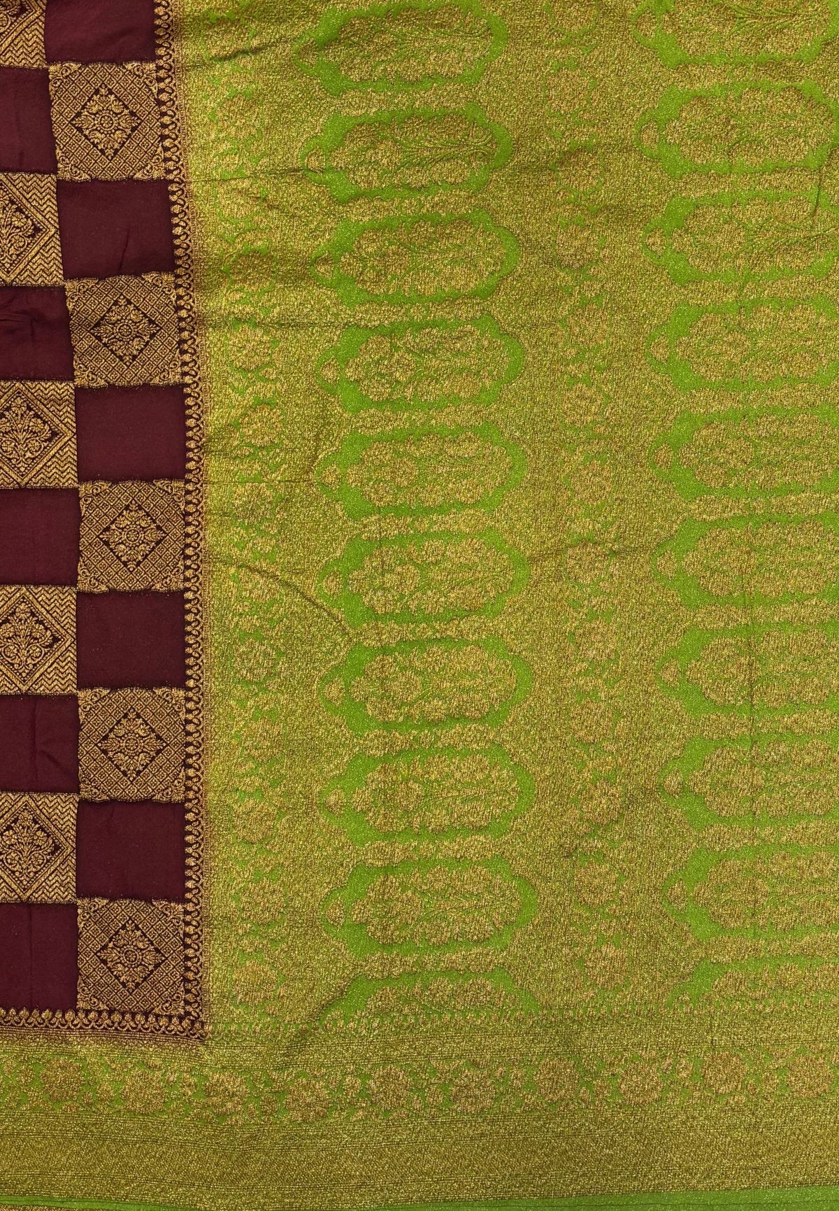 Banarasi Crepe Saree-Light Green In Square Check Brocade With Contrast Border