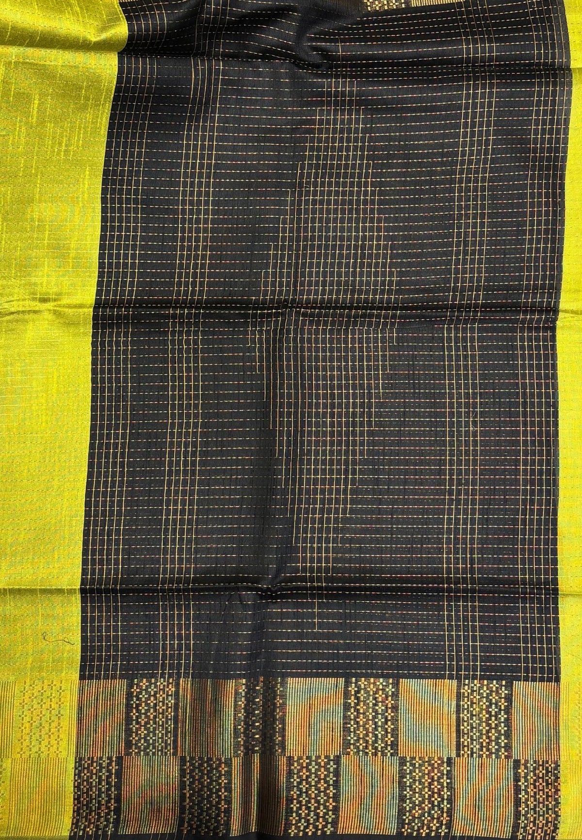Semi Raw Silk Saree-Light Green In Checkered Zari With Contrast Border