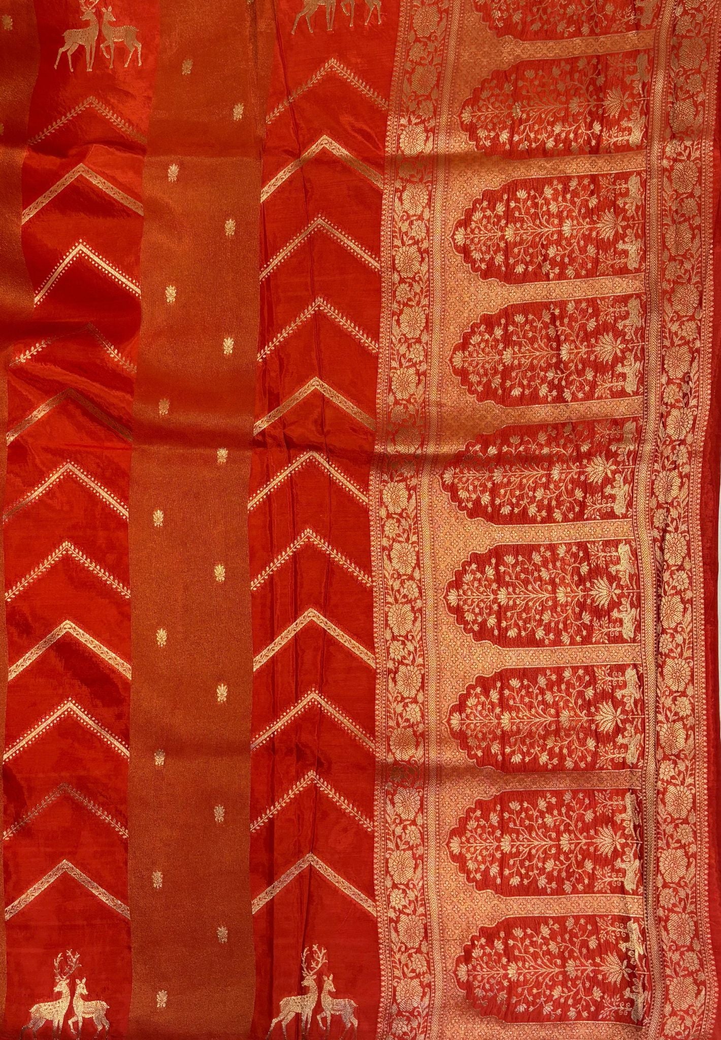 Banarasi Crepe Saree-Orange In Deer Motif Zari Border