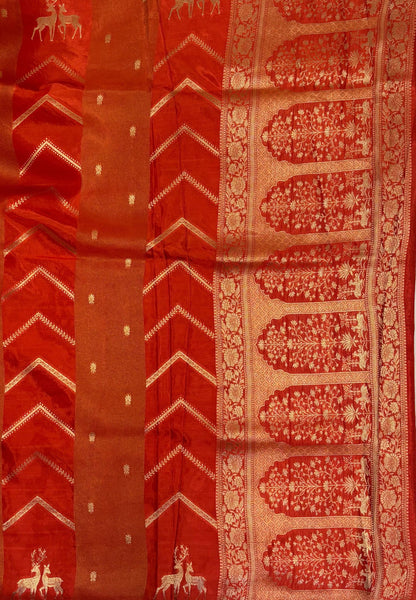 Banarasi Crepe Saree-Orange In Deer Motif Zari Border