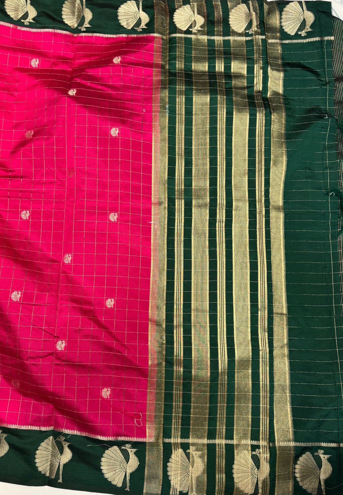Semi Tussar Saree -  Rani Pink With green