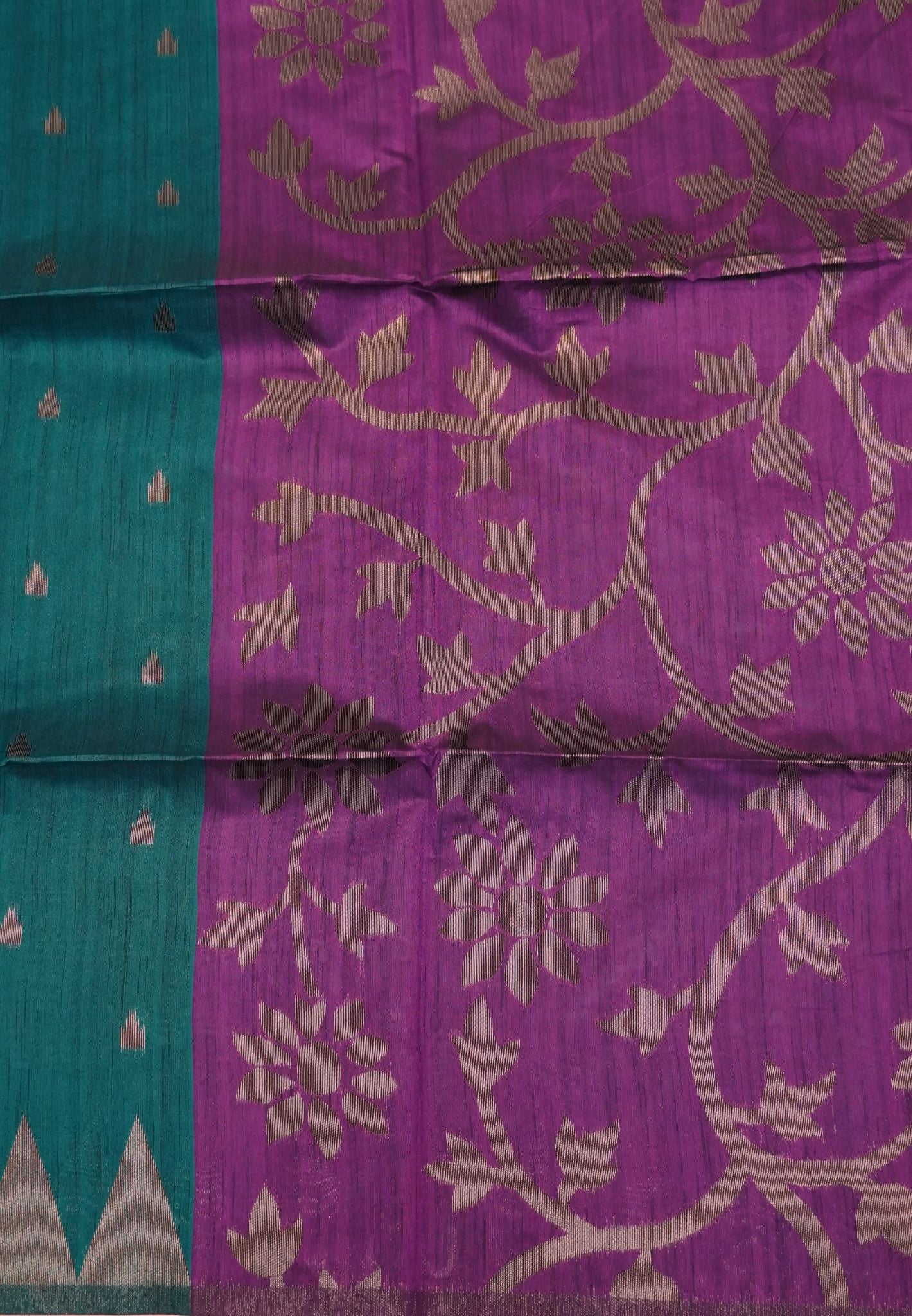 Semi Raw Silk Saree-Green in Antique Silver Zari Butta with Tower Border