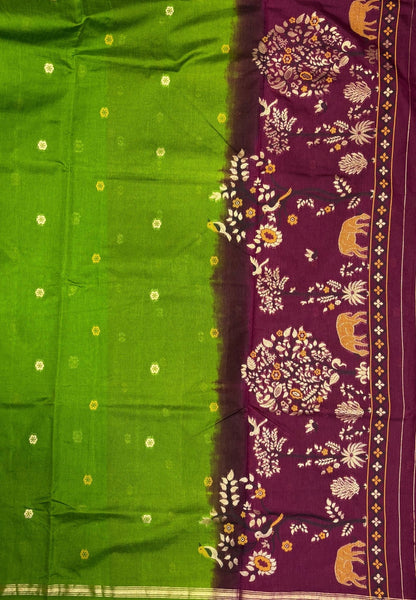 Gaji Silk Saree-Light Green In Warli Tree & Elephant With Contrast Border